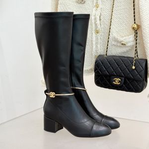 Chanel G46934 High Boots with CC Camellia Anklet Women in Lambskin Black