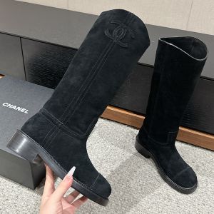 Chanel High Boots with Logo Patch Women Suede Black