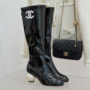 Chanel High Boots with Pearl Heel Women in Patent Leather Black