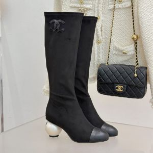 Chanel High Boots with Pearl Heel Women in Suede Lambskin Black