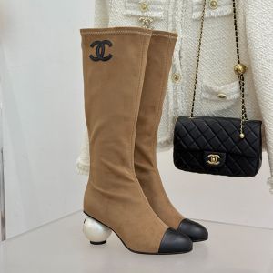 Chanel High Boots with Pearl Heel Women in Suede Lambskin Brown