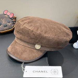 Chanel Military Cap with Logo Badge in Corduroy Coffee