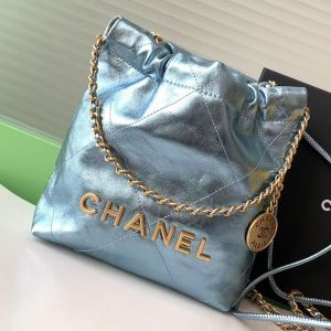 Chanel AS3980 Mini 22 Hobo Bag with Chanel Letters in Shiny Calfskin Blue
