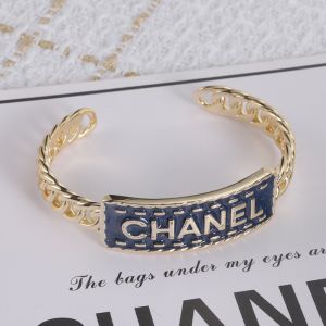 Chanel Open Chain Bracelet with Chanel Letters in Brass Gold/Navy Blue