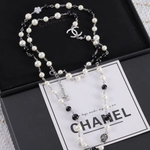 Chanel Pearl Necklace with Pearl Camellia in Metal Black/White