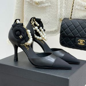 Chanel Pearls Chain Pumps with CC Logo Camellia Women in Lambskin Black