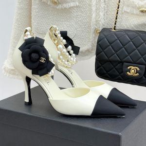 Chanel Pearls Chain Pumps with CC Logo Camellia Women in Lambskin White