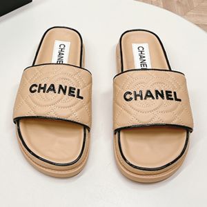 Chanel Platform Slides with Chanel Logo Women Quilted Lambskin Khaki