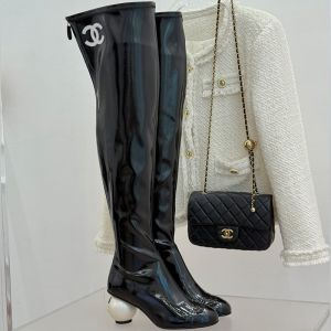 Chanel Thigh Boots with Pearl Heel Women in Patent Leather Black