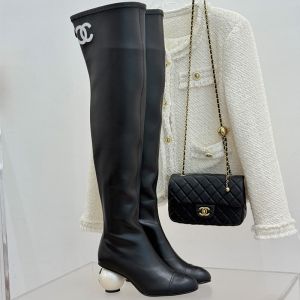Chanel Thigh Boots with Pearl Heel Women in Stretch Lambskin Black