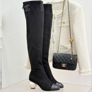 Chanel Thigh Boots with Pearl Heel Women in Suede Lambskin Black