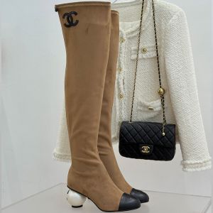 Chanel Thigh Boots with Pearl Heel Women in Suede Lambskin Brown