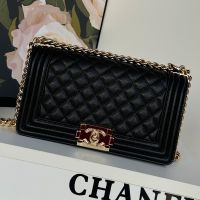 Boy Chanel A67086 Handbag with Ruthenium Finish Logo in Texture Calfskin Black