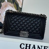 Boy Chanel A67086 Handbag with Ruthenium Finish Logo in Texture Calfskin Black/Grey