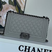 Boy Chanel A67086 Handbag with Ruthenium Finish Logo in Texture Calfskin Grey