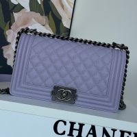 Boy Chanel A67086 Handbag with Ruthenium Finish Logo in Texture Calfskin Purple/Grey