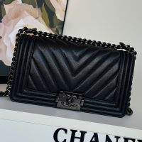 Boy Chanel A67086 Handbag with Ruthenium Finish Logo in V-Type Texture Calfskin All Black