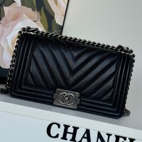 Boy Chanel A67086 Handbag with Ruthenium Finish Logo in V-Type Texture Calfskin Black/Grey