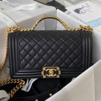 Boy Chanel A94804 Flap Bag with Handle in Grained Shiny Calfskin Black