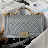 Boy Chanel A94804 Flap Bag with Handle in Grained Shiny Calfskin Grey