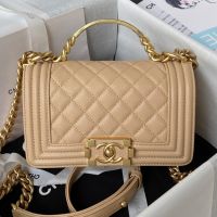 Boy Chanel A94805 Handbag with Handle in Grained Shiny Calfskin Apricot