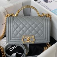 Boy Chanel A94805 Handbag with Handle in Grained Shiny Calfskin Grey