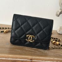 Chanel 66007 Wallet with Chain Beads in Texture Calfskin Black