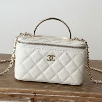 Chanel 66009 Cosmetic Bag with Metal Enamel Handle in Grained Calfskin White