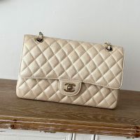 Chanel A01112 Classic 11.12 Handbag with Chain Strap in Grained Calfskin Light Apricot