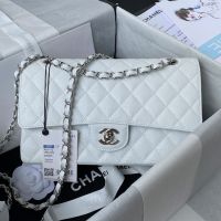 Chanel A01112 Classic 11.12 Handbag with Chain Strap in Grained Calfskin White/Silver