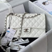 Chanel A01113 Classic Handbag with Woven Chain Strap in Grained Calfskin White