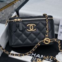 Chanel AP3478 Cosmetic Bag with Quilted Logo in Lambskin Black