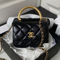 Chanel AP3485 Flap Phone Holder with Metal Handle in Shiny Lambskin Black