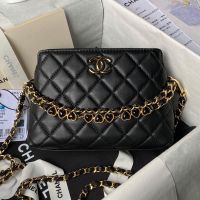 Chanel AP3787 Hobo Shoulder Bag with Enamel Heart Chain in Lambskin Black