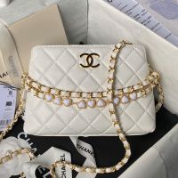 Chanel AP3787 Hobo Shoulder Bag with Enamel Heart Chain in Lambskin White