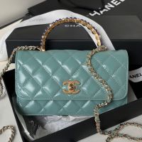 Chanel AP3803 Wallet with Pearls Handle in Shiny Calfskin Green