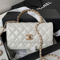 Chanel AP3803 Wallet with Pearls Handle in Shiny Calfskin White
