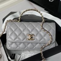Chanel AP3954 Clutch with Pearls Handle in Lambskin Grey