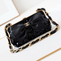 Chanel AP4027 Clutch with Logo Leather Bow in Sequins Black