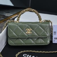 Chanel AP4167 Flap Phone Holder with Braided Handle in Shiny Lambskin Green