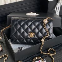 Chanel AP4282 Wallet with Pearl Letters Chain in Shiny Lambskin Black