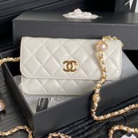 Chanel AP4284 Flap Phone Holder with Pearl Letters Chain in Shiny Lambskin Beige