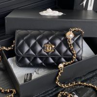 Chanel AP4284 Flap Phone Holder with Pearl Letters Chain in Shiny Lambskin Black