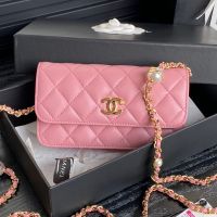Chanel AP4284 Flap Phone Holder with Pearl Letters Chain in Shiny Lambskin Pink