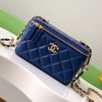 Chanel AP4285 Large Cosmetic Bag with Pearls Letters Chain Strap in Lambskin Blue