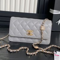 Chanel AP4300 Clutch with Embossed Strass Chain in Lambskin Grey