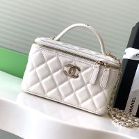 Chanel AP4404 Cosmetic Bag with Logo Handle in Lambskin White