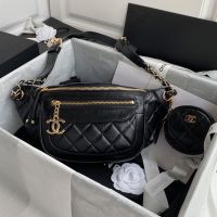 Chanel AS1077 Waist Bag with Zipper Pocket in Calfskin Black
