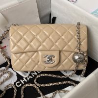 Chanel AS1787 Mini Flap Crossbody Bag with Pearl Crush in Lambskin Apricot/Silver