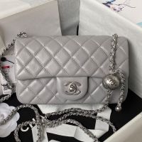 Chanel AS1787 Mini Flap Crossbody Bag with Pearl Crush in Lambskin Grey/Silver